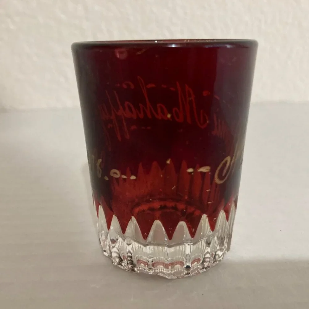 Antique Ruby Stained Pattern Glass Toothpick Holder Minnie Mahaffey 1906